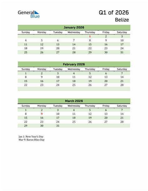 Q1 2026 Quarterly Calendar With Belize Holidays