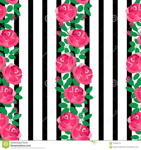 Pink Roses On A Striped Black And White Background Stock Vector Illustration Of Seamless