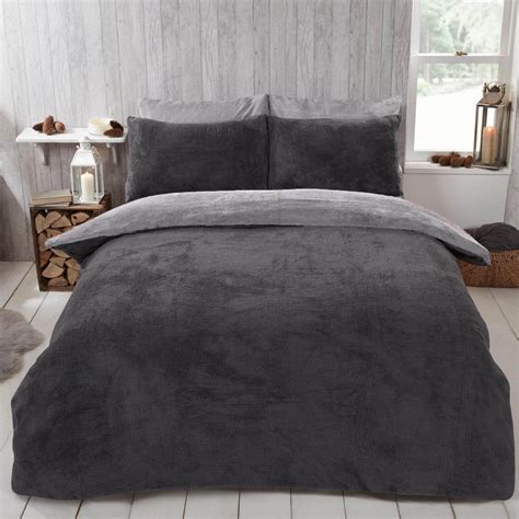 Brentfords Reversible Teddy Duvet Cover With Pillowcase Charcoal Grey