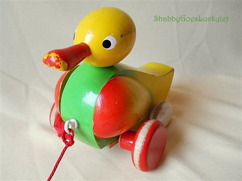 German Vintage Wooden Pull Toy Quacking Duck On Wheels Moving Etsy