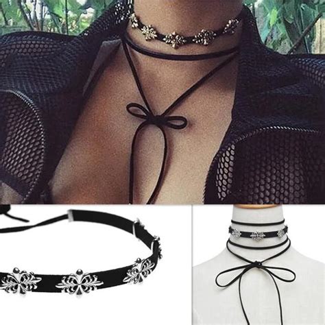 Boho Lace Up Choker Necklace Women Jewelry Black Velvet Leather