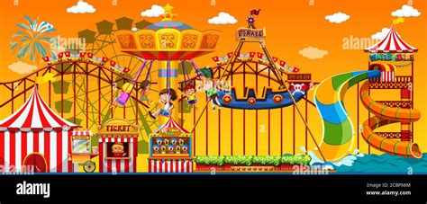 Amusement Park Scene At Daytime With Yellow Sky Illustration Stock