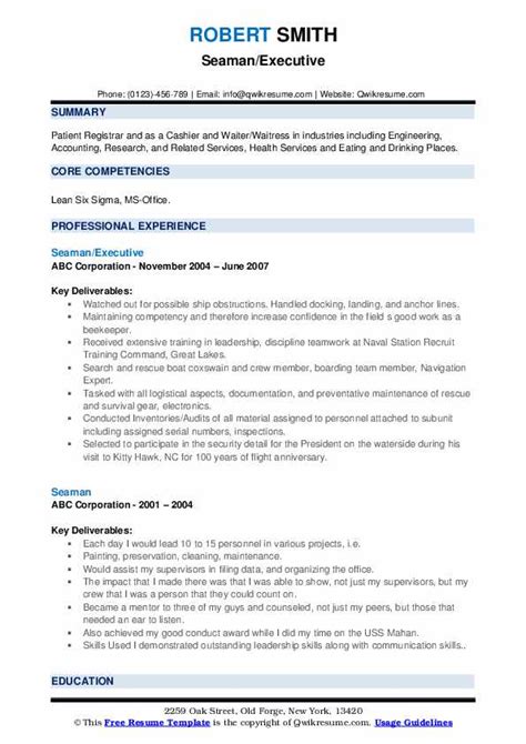 Working in the curriculum vitae for able seaman essay writing business we understand how challenging it curriculum vitae for able seaman may be for students to write high quality essays. Seaman Resume Samples | QwikResume