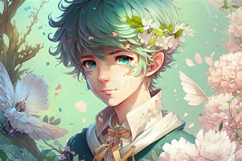 Magical Cute Anime Boy With Blooming Spring Flowers Generative Ai