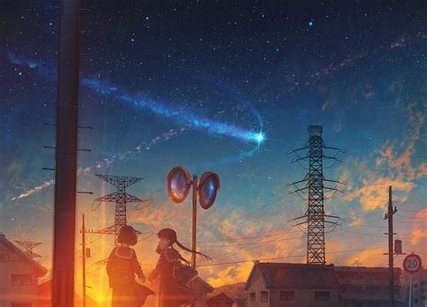 Hd Wallpaper Anime Original Girl Shooting Star Starry Sky Sunset