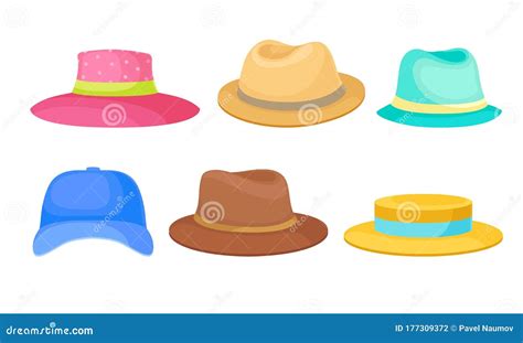 Brimmed Male And Female Hats And Caps With Ribbons Isolated On White