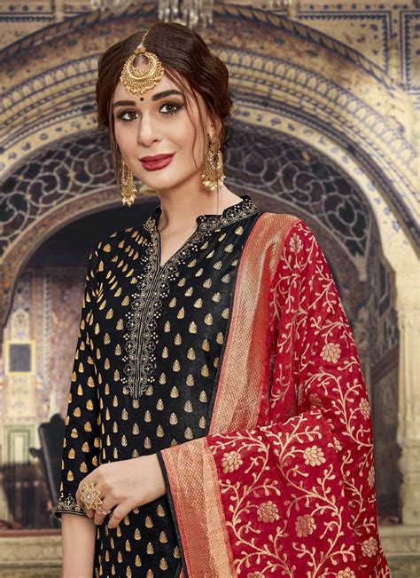 Black Jacquard Silk Pakistani Style Suit Vasu Sarees 3129110
