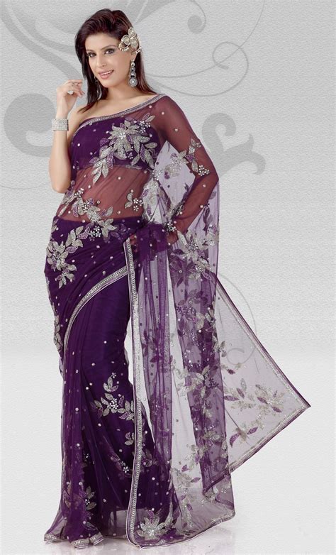 Purple Net Saree 14202 With Unstitched Blouse Indian Bridal Sarees Bridal Sarees Online Net