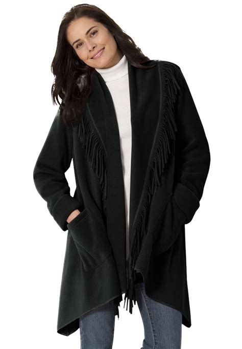 Woman Within Women S Plus Size Fringed Shawl Collar Fleece Jacket 4x Black