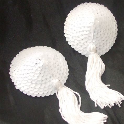 Burlesque White Sequin Round Nipple Tassels Pasties Covers 2309716