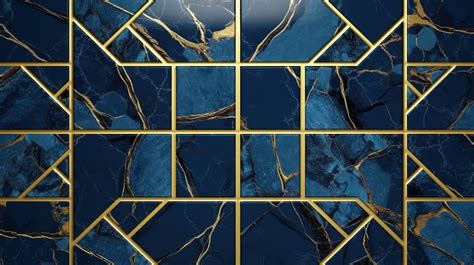 3d Render Of Elegant Dark Blue Marble Tiles With Gold Line A Seamless
