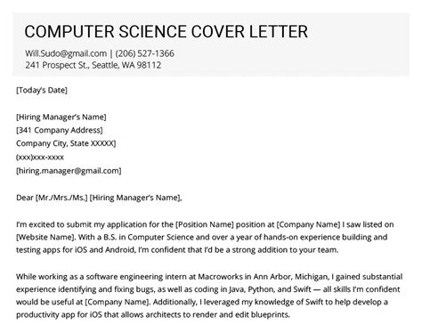 Cover Letter Computer Science Student Sample Letter