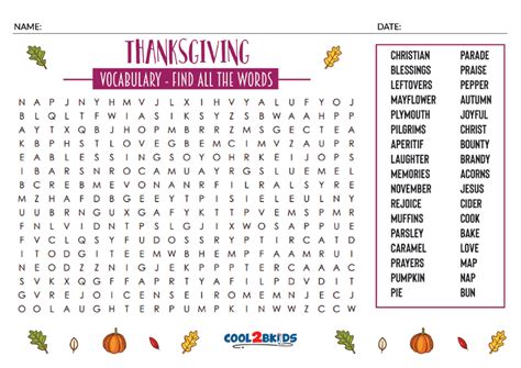 Printable Thanksgiving Word Search Cool2bkids