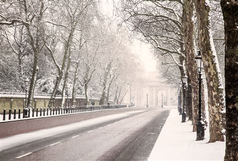 London England Road Winter Snow Trees Lights Wallpaper