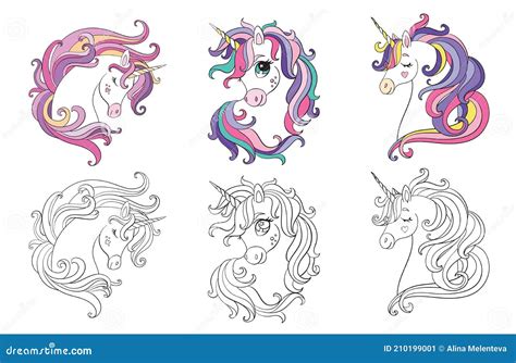 Set Of Three Cute Cartoon Unicorns Heads Vector Illustration Stock