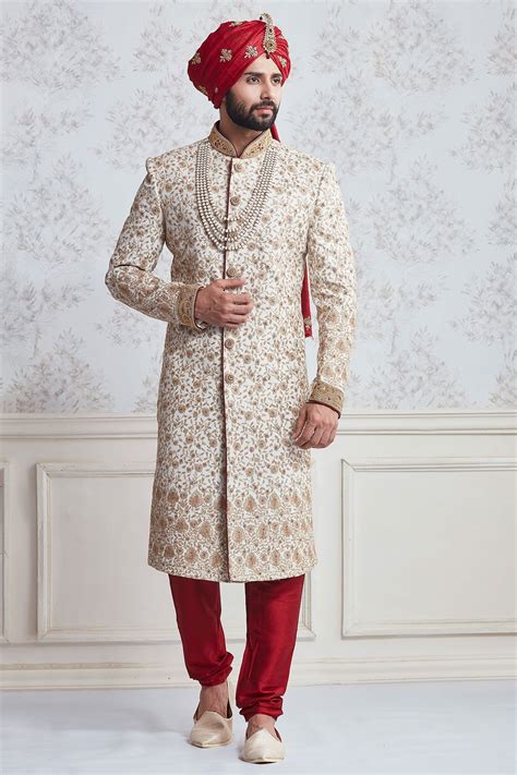 Buy White Zari Embroidered Raw Silk Wedding Sherwani Online Indian Groom Dress Groom Dress Men