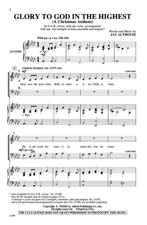 Glory To God In The Highest Sab By Jay Al Jw Pepper Sheet Music