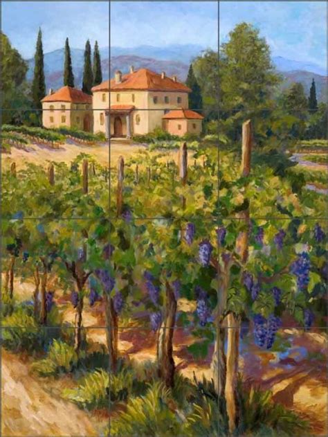 An Oil Painting Of A House In The Middle Of A Vineyard With Blue