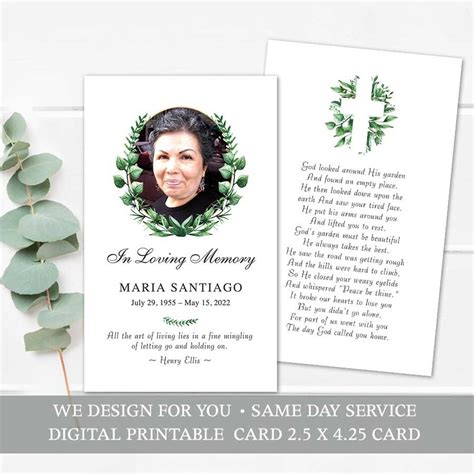 Funeral Photo Memorial Tribute Card Template With Watercolor Greenery