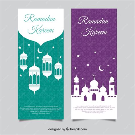 Free Vector Set Of Ramadan Banners With Mosques And Lamps In Flat Style