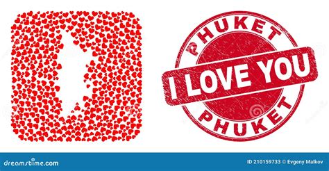 Love Scratched Seal And Phuket Map Heart Hole Mosaic Stock Vector