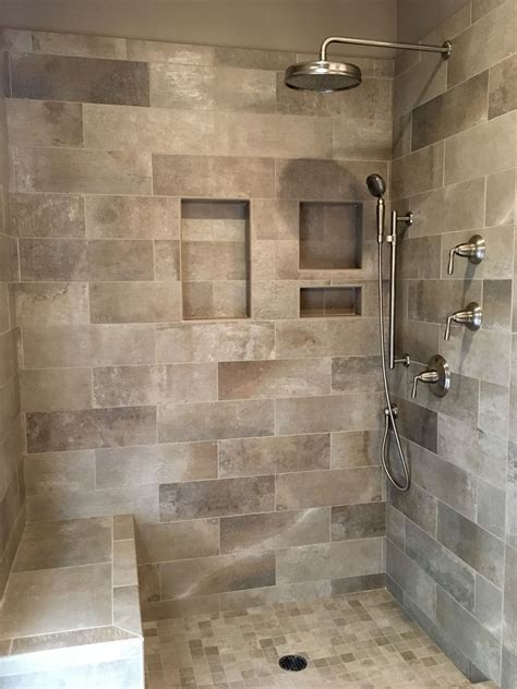 6x20 Approach Taupe Tile With Kohler Devonshire Fixtures Shampoo Niche
