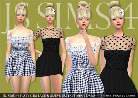 Js Sims 4 Plaid Slim Lace And Sleeveless Dot Mesh Dress Sims 4 Downloads