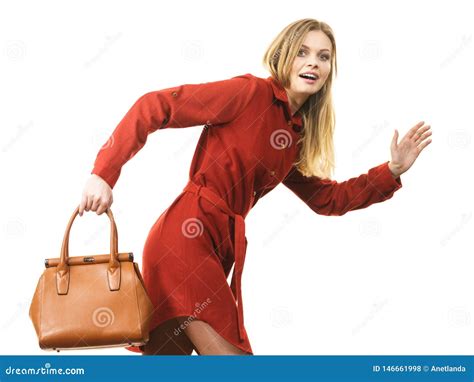 Female Wearing Red Dress Holding Bag Running Stock Photo Image Of