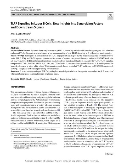 Tlr7 Signaling In Lupus B Cells New Insights Into Synergizing Factors