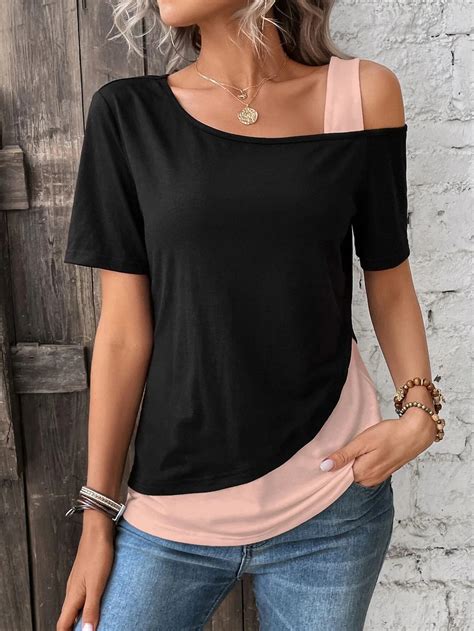 Asymmetric Black White Patchwork T Shirt Women Summer One Shoulder Solid Color Top Casual