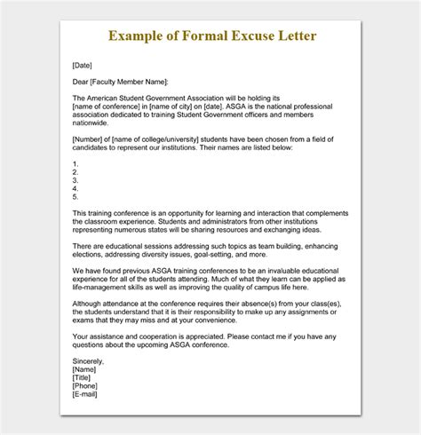 Formal Excuse Letters FREE Samples Templates