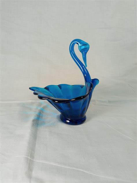Mid Century Royal Blue Glass Swan Dish Viking Etsy
