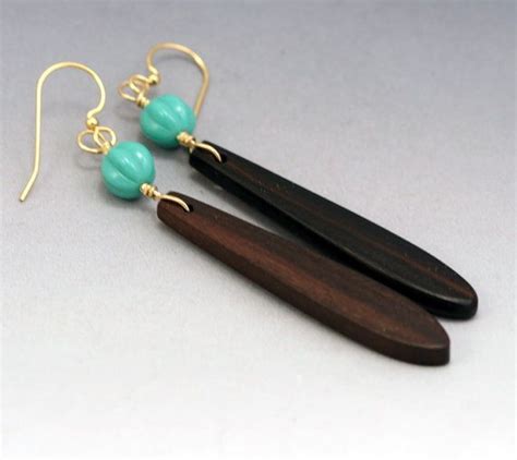 Long Wood Teardrop Earrings With Turquoise Beads Etsy Teardrop