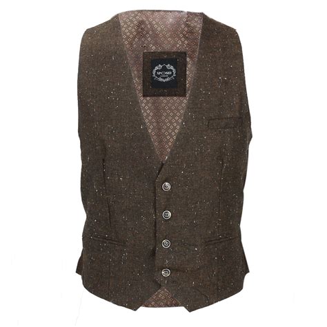 New Mens Waistcoat Retro Oak Brown Tweed Herringbone Check Vintage