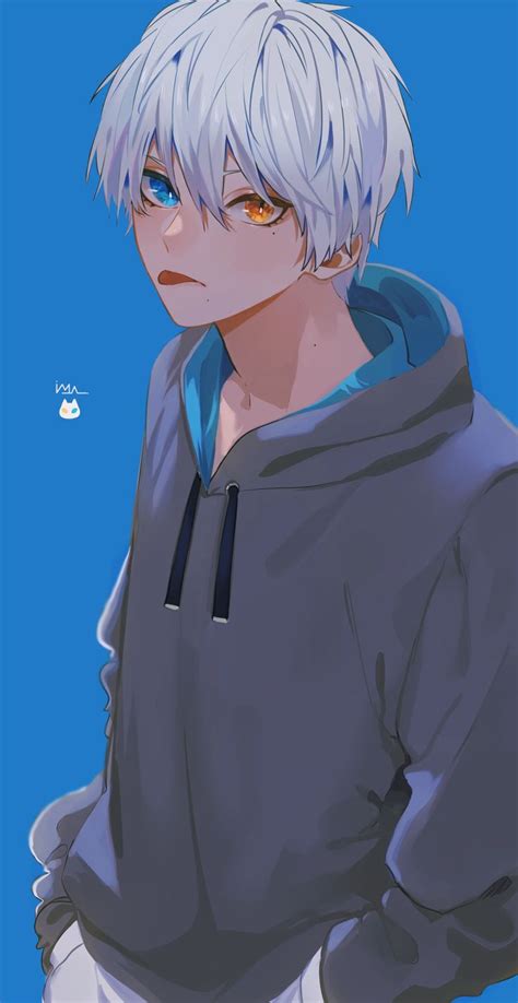 An Anime Character With White Hair And Blue Eyes Wearing A Hoodie