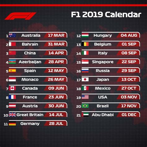 De start van het seizoen is op 28 maart in bahrein en de laatste race op de formule 1 kalender is de gp. Formula 1 Grand Prix Race Schedule 2019 - F1 | Pride Jets
