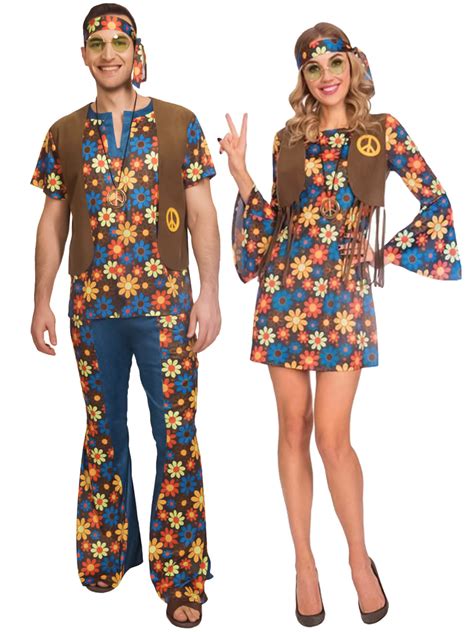 Ladies Mens Groovy Hippy Costume Couples Hippie Fancy Dress 60s 70s