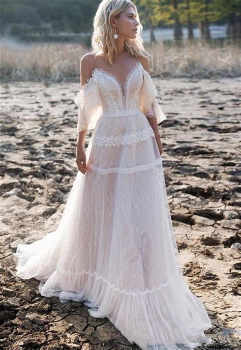 Lace Boho Wedding Dress Bohemian Pink Wedding Dresses Spaghetti Straps Bridal Dress Long A