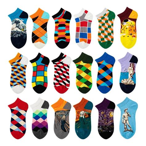 Spring And Summer Couples Geometric Color Socks Cotton Mens Boat Socks Checked Diamond