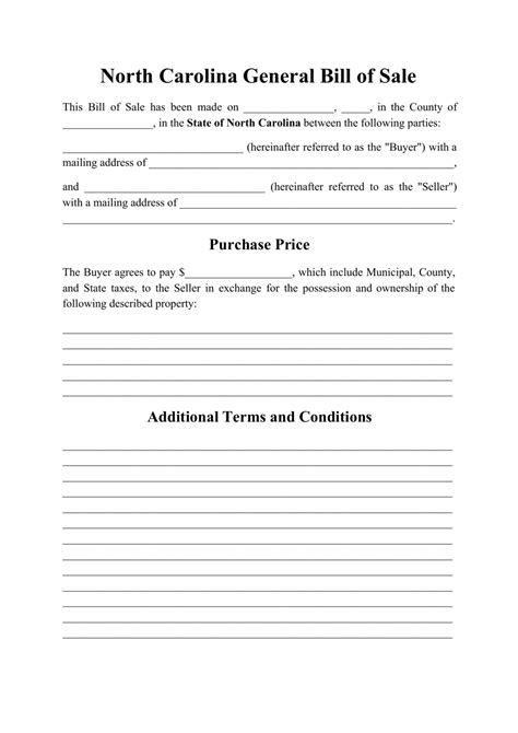 North Carolina Generic Bill Of Sale Form Download Printable Pdf
