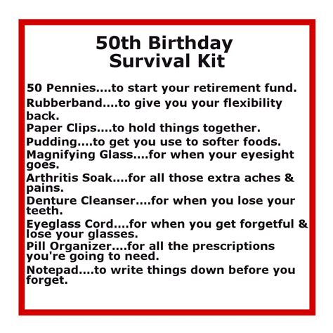 Happy 20th anniversary of your 30th birthday. 50th Birthday Survival Kit | Delightfully Noted