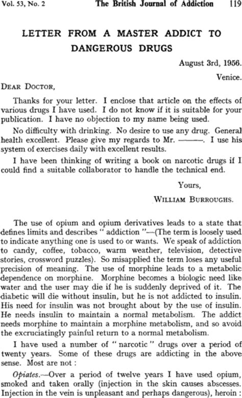LETTER FROM A MASTER ADDICT TO DANGEROUS DRUGS Burroughs 1957