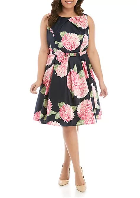 Jessica Howard Plus Size Sleeveless Shantung Fit And Flare Belted Dress