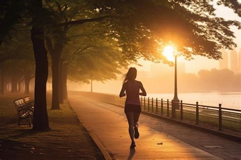 Premium Ai Image Young Woman Jogging In City Park At Early Morning