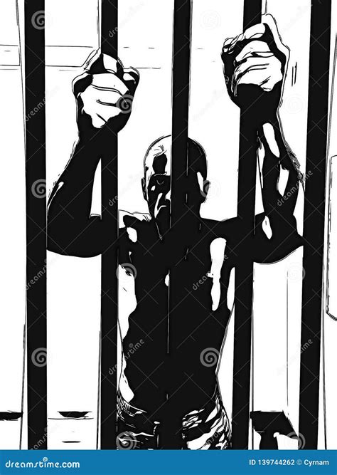 Illustration Of Man In Jail With Hands Holding Prison Bars Stock