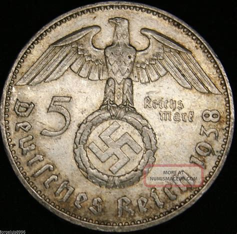 German Nazi Silver Coin 5 Rm 1938 J Big Swastika