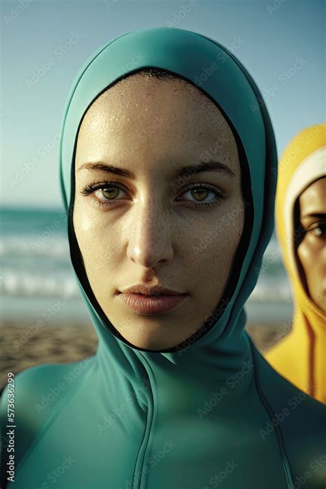 Ai Generated Portrait Of A Muslim Woman On The Beach Dressed In A Burkini Stock Illustration