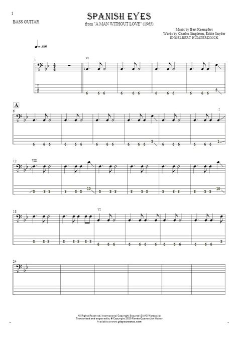 Spanish Eyes Notes And Tablature For Bass Guitar Playyournotes
