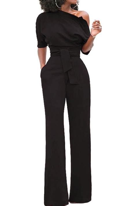 Black Slanted One Shoulder Wide Leg Formal Jumpsuit Formal Jumpsuit Funeral Outfit Fashion