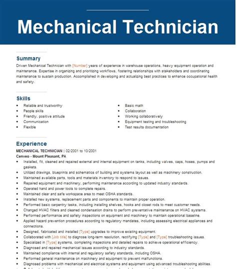 Mechanical Technician Resume Example Technician Resumes Livecareer